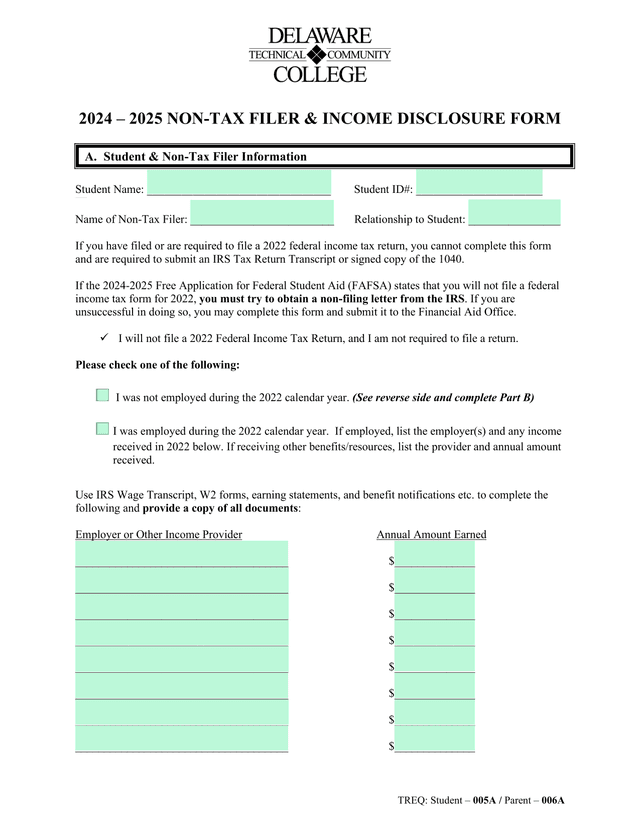2024  2025 NON TAX FILER  INCOME DISCLOSURE FORM screenshot
