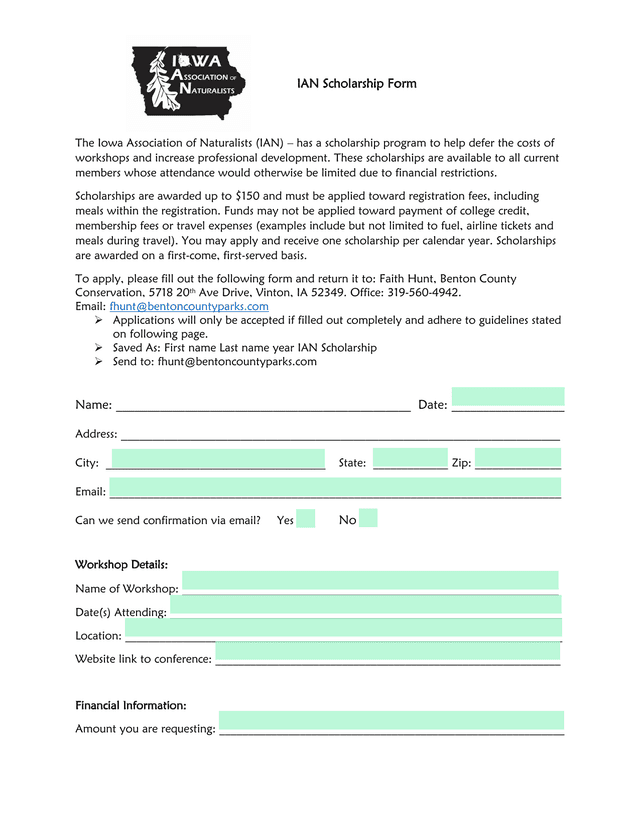 IAN Scholarship Form screenshot
