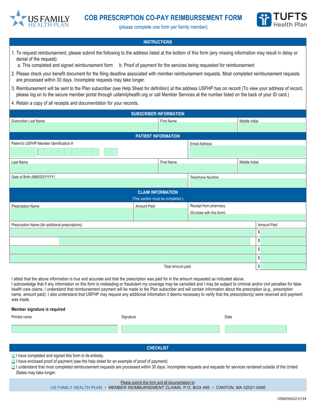 COB Prescription Co Pay Reimbursement Form screenshot