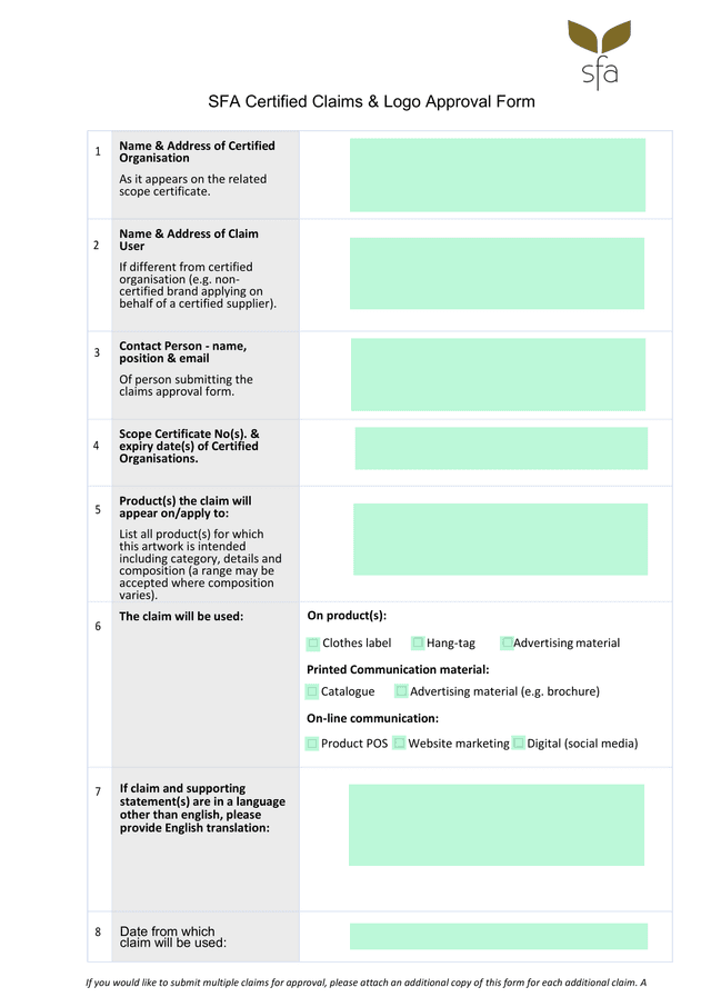 SFA Certified Claims  Logo Approval Form screenshot