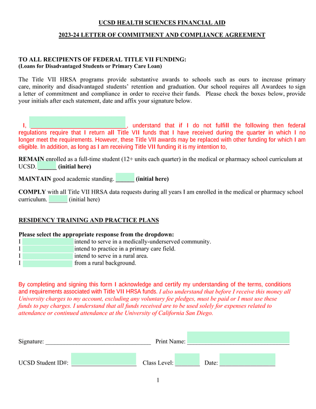 UCSD Health Sciences Financial Aid 2023 24 Letter Of Commitment And Compliance Agreement screenshot