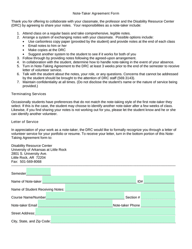 Note Taker Agreement Form screenshot