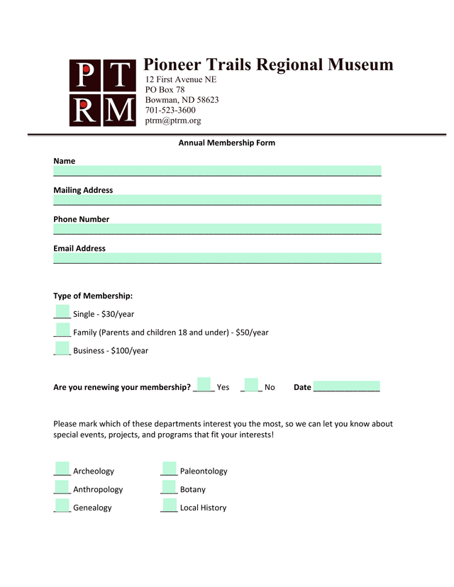 Annual Membership Form screenshot