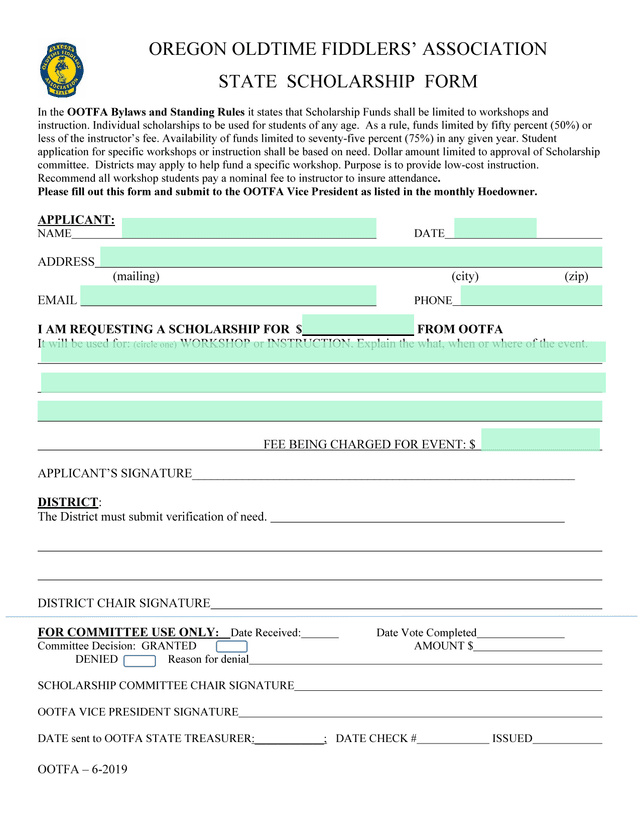 OOTFA  State Scholarship Form screenshot