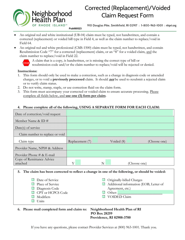 Corrected (Replacement)Voided Claim Request Form screenshot
