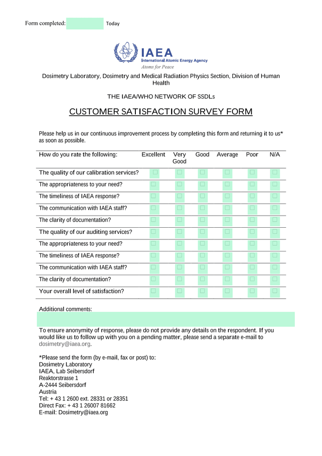 The IAEAWHO Network Of SSDLs Customer Satisfaction Survey Form screenshot