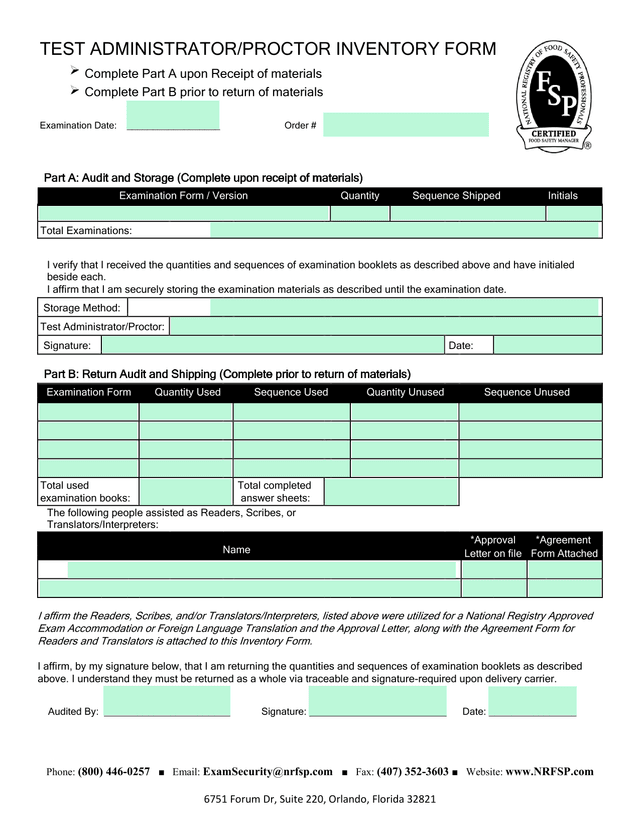 TEST ADMINISTRATORPROCTOR INVENTORY FORM screenshot