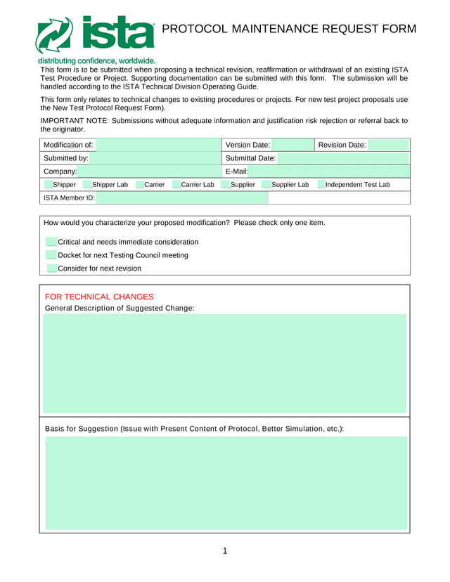 PROTOCOL MAINTENANCE REQUEST FORM screenshot