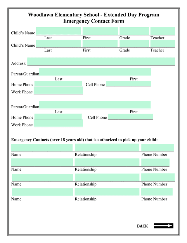 Woodlawn Elementary School   Extended Day Program Emergency Contact Form screenshot