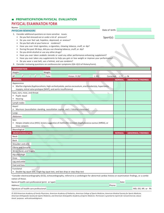 Preparticipation Physical Evaluation Physical Examination Form screenshot