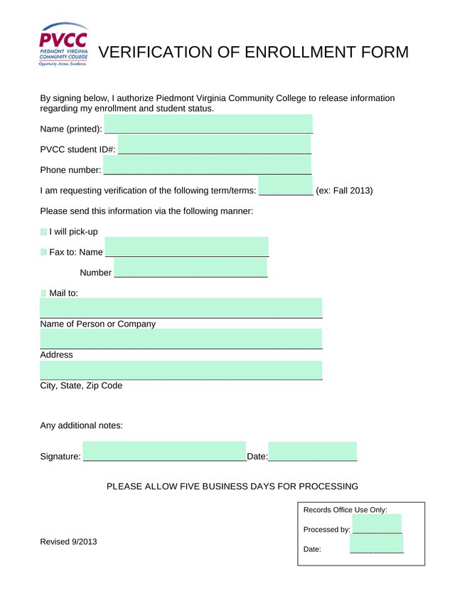Verification Of Enrollment Form screenshot