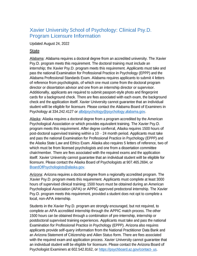 Xavier University School Of Psychology Clinical Psy.D. Program Licensure Information screenshot