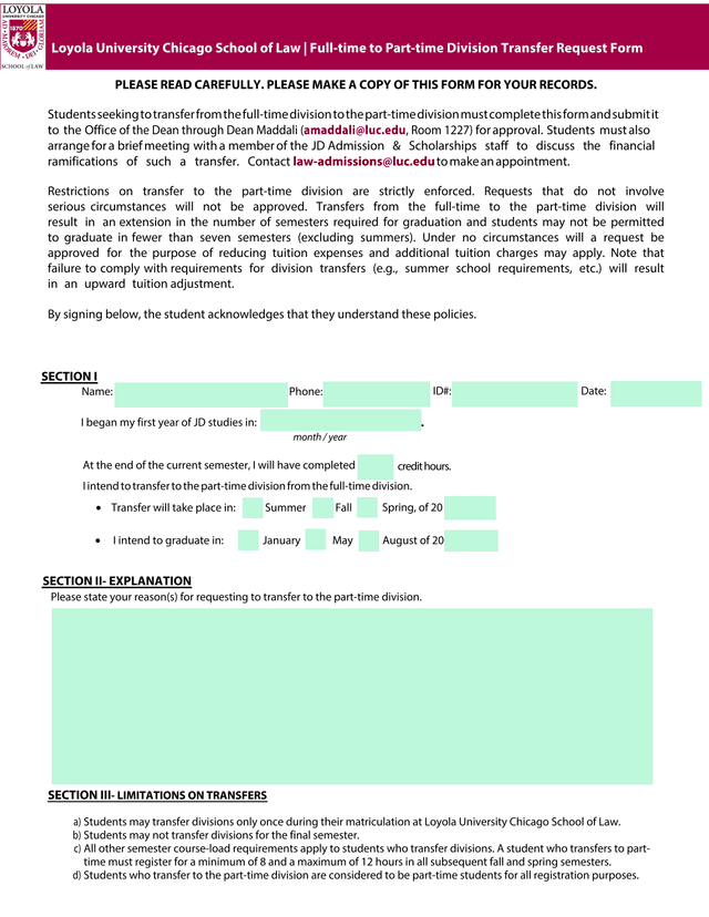 Full Time To Part Time Division Transfer Request Form screenshot