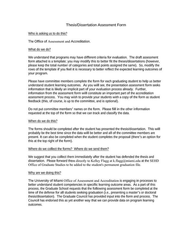 ThesisDissertation Assessment Form screenshot