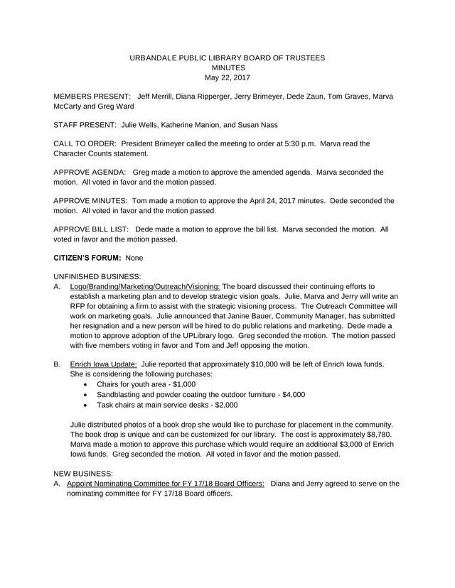 Urbandale Public Library Board Of Trustees Minutes screenshot