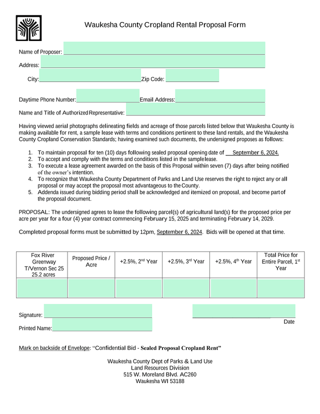 Waukesha County Cropland Rental Proposal Form screenshot