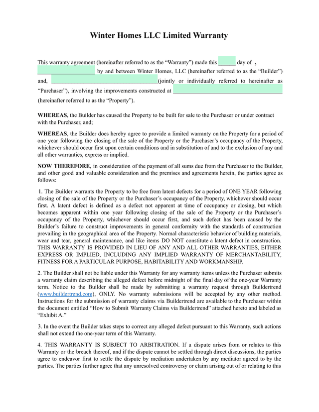 Winter Homes LLC Limited Warranty screenshot