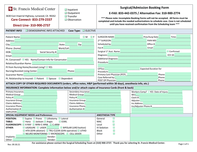 SurgicalAdmission Booking Form screenshot