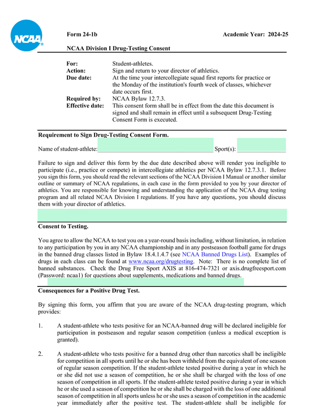 Form 24 1b NCAA Division I Drug Testing Consent screenshot