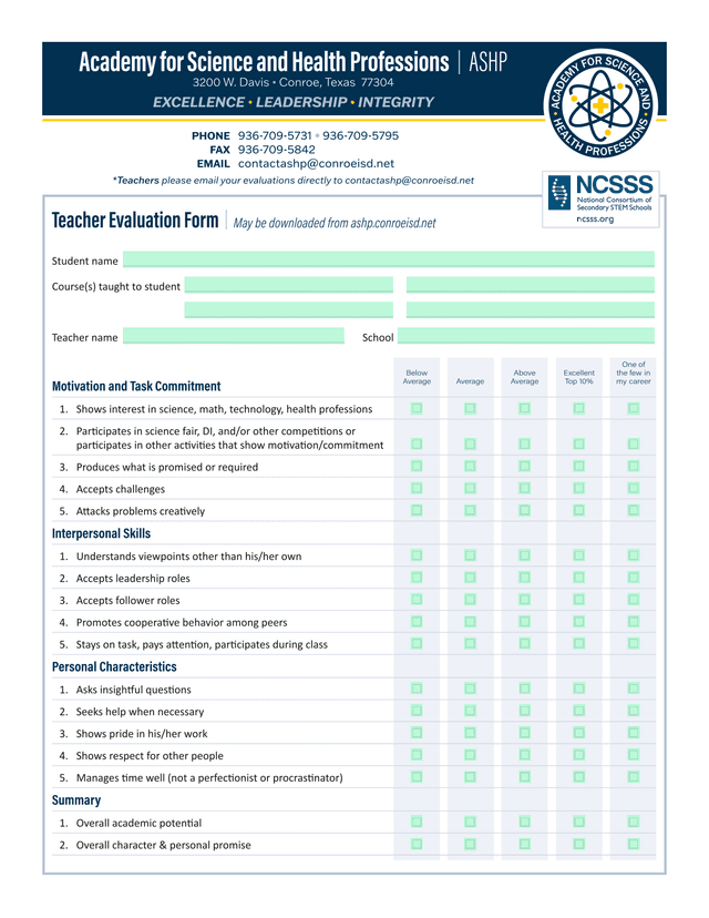 Teacher Evaluation Form screenshot