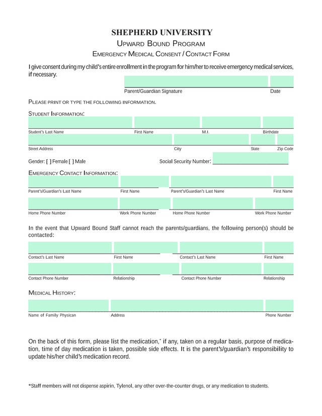 SHEPHERD UNIVERSITY UPWARD BOUND PROGRAM EMERGENCY MEDICAL CONSENT  CONTACT FORM screenshot