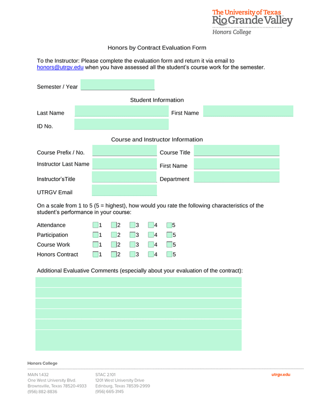 Honors By Contract Evaluation Form screenshot