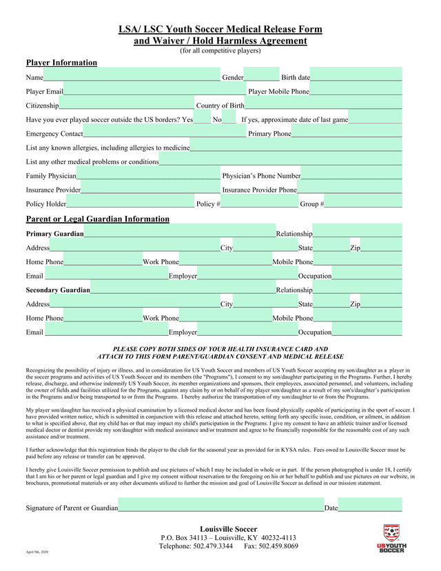 LSA LSC Youth Soccer Medical Release Form And Waiver  Hold Harmless Agreement screenshot