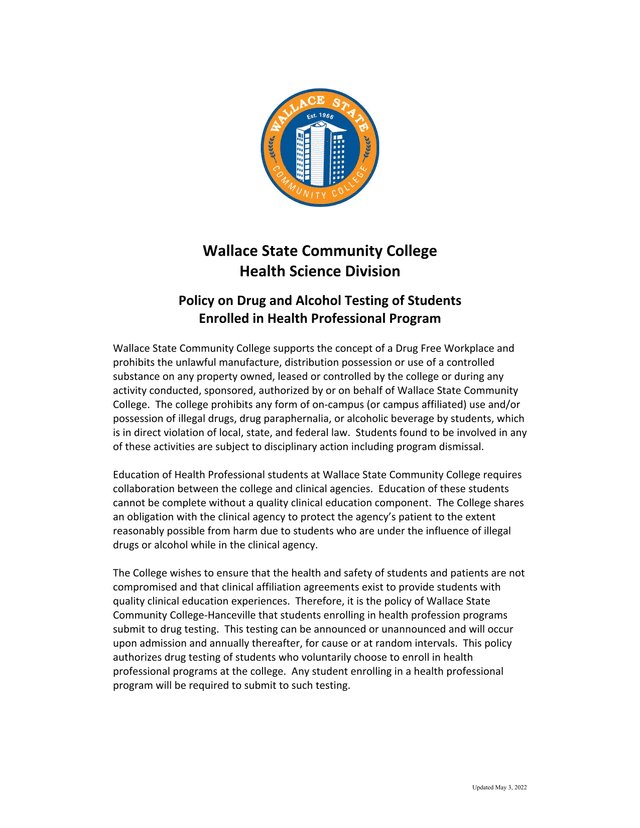 Policy On Drug And Alcohol Testing Of Students Enrolled In Health Professional Program screenshot