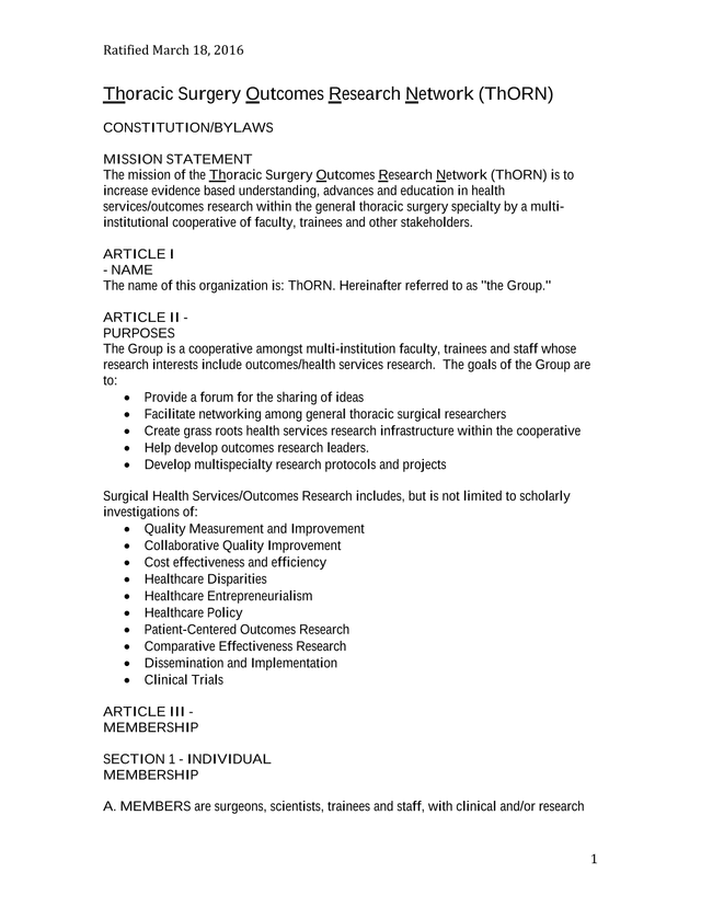 Thoracic Surgery Outcomes Research Network (ThORN) ConstitutionBylaws screenshot