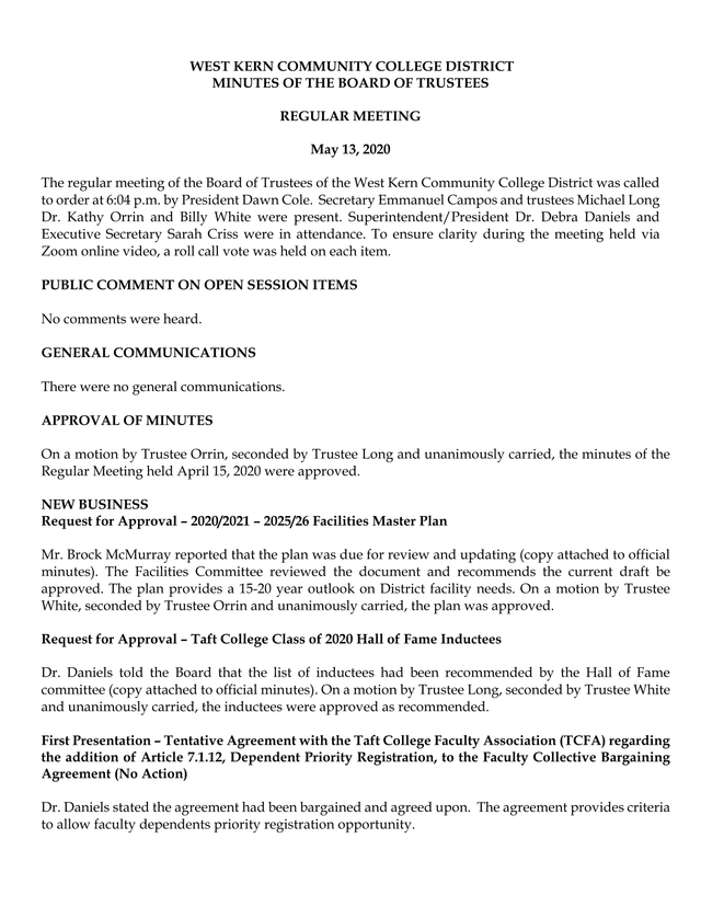West Kern Community College District Board Of Trustees Meeting Minutes screenshot
