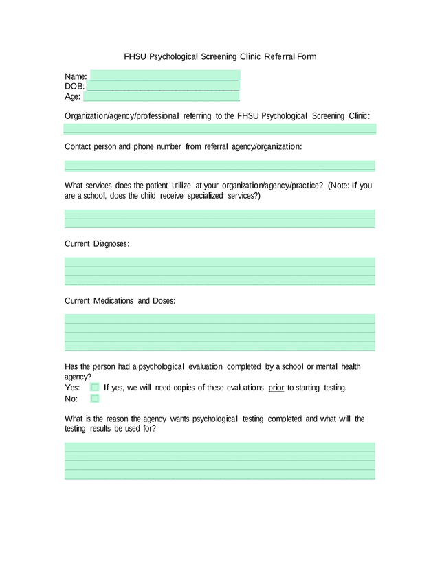 FHSU Psychological Screening Clinic Referral Form screenshot