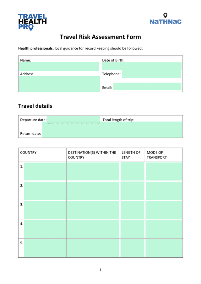 Travel Risk Assessment Form screenshot