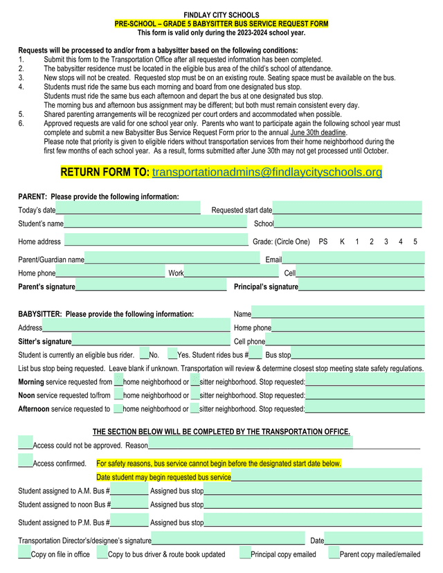 Babysitter Bus Service Request Form screenshot