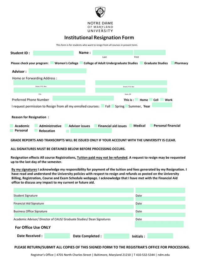 Institutional Resignation Form screenshot