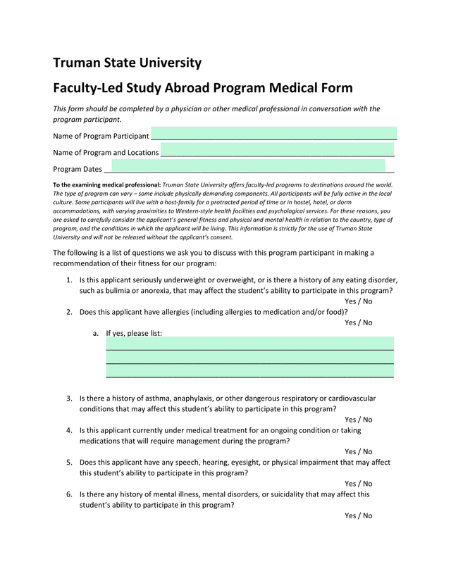 Faculty Led Study Abroad Program Medical Form screenshot