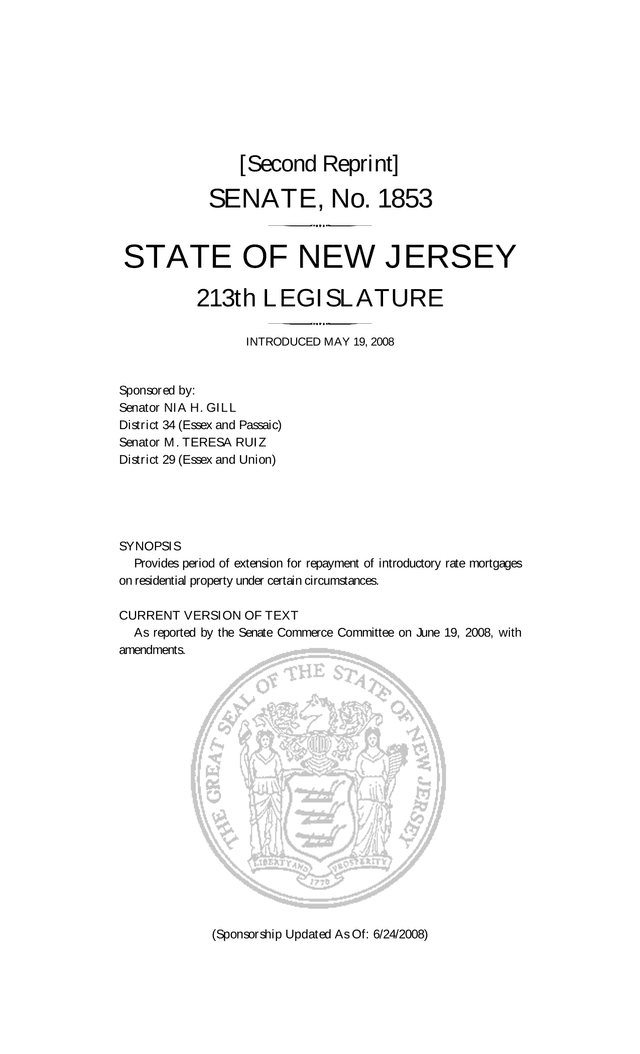 Senate Bill No. 1853   Save New Jersey Homes Act Of 2008 screenshot