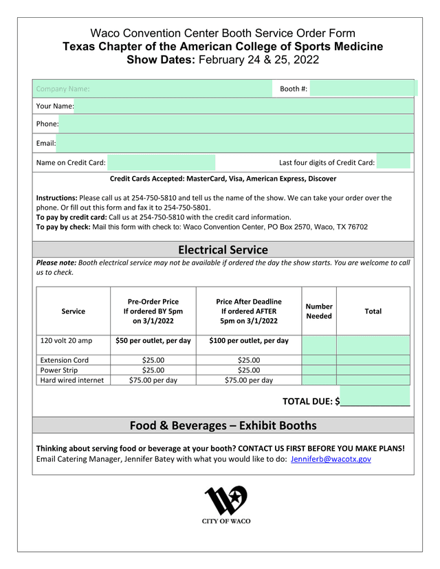 Waco Convention Center Booth Service Order Form screenshot