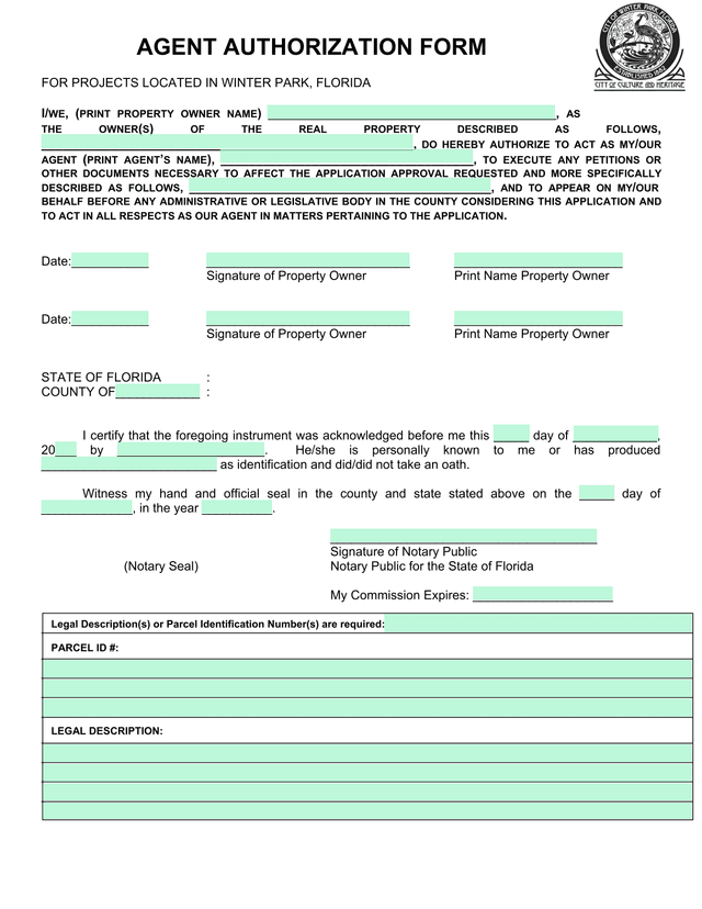 Agent Authorization Form For Projects Located In Winter Park, Florida screenshot