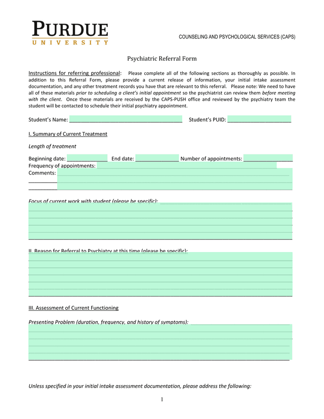 Psychiatric Referral Form screenshot