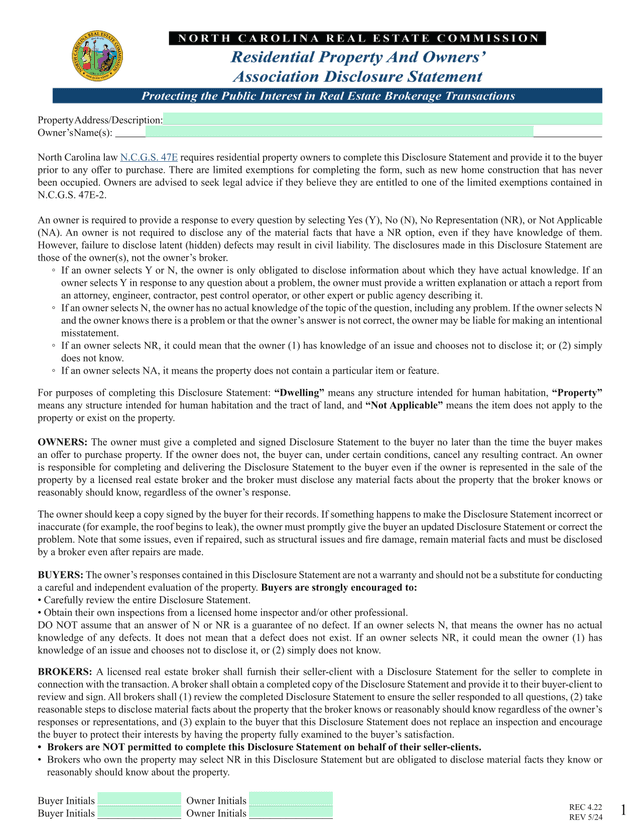 Residential Property Disclosure Statement screenshot