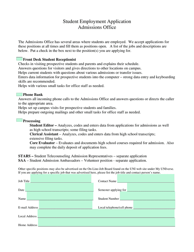 Student Employment Application screenshot