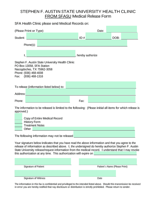 SFASU Medical Release Form screenshot