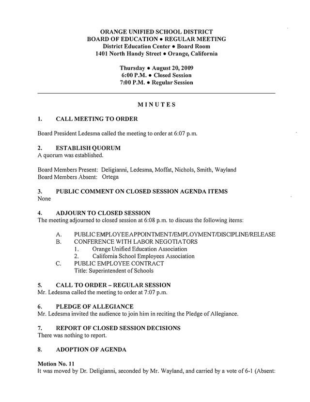 Orange Unified School District Board Of Education Regular Meeting Minutes screenshot