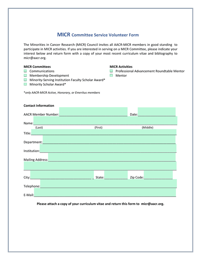 MICR Committee Service Volunteer Form screenshot