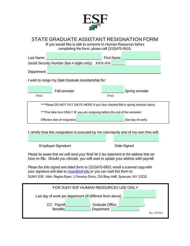 STATE GRADUATE ASSISTANT RESIGNATION FORM screenshot