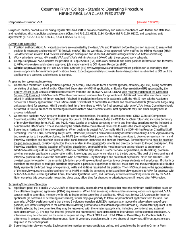 Cosumnes River College   Standard Operating Procedure Hiring Regular Classified Staff screenshot