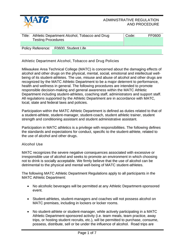 Athletic Department Alcohol, Tobacco And Drug Testing Procedures screenshot