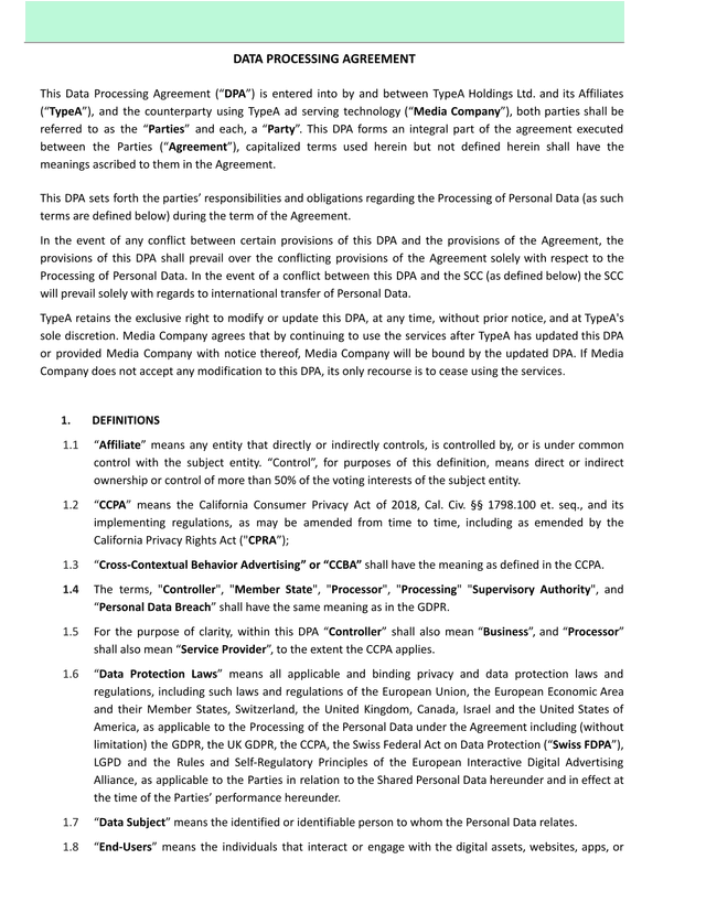 Data Processing Agreement screenshot