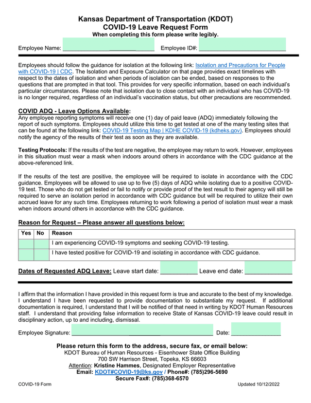 COVID 19 Leave Request Form screenshot