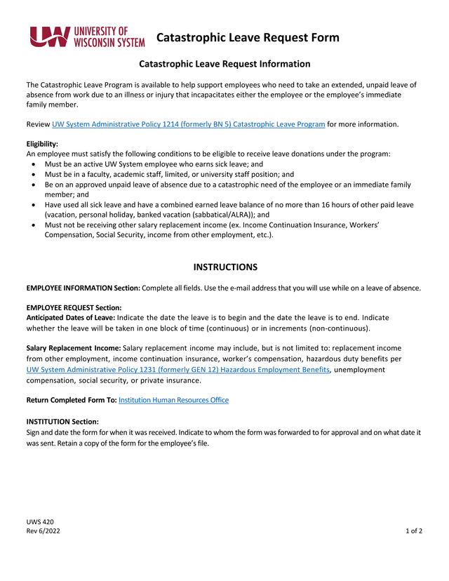 Catastrophic Leave Request Form screenshot